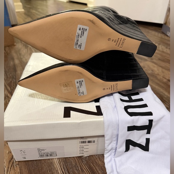 SCHUTZ Glossy Black Croc-Embossed Heeled Boots - Picture 4 of 4